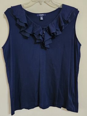 Chaps Navy Ruffle-Front Sleeveless Tank